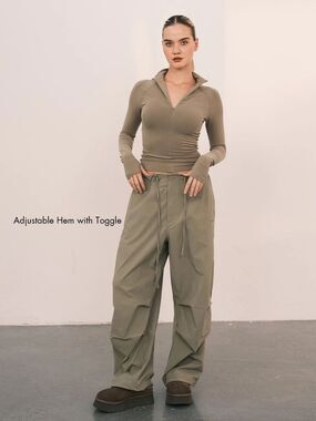 An Action A Day Parachute Pants Size L Khaki Wide Leg Utility NWT Adjustable